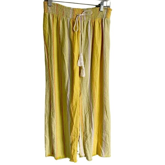 Indigo Rein Linen Blend Wide Leg Crop Pants Yellow Stripes Medium - Picture 1 of 7
